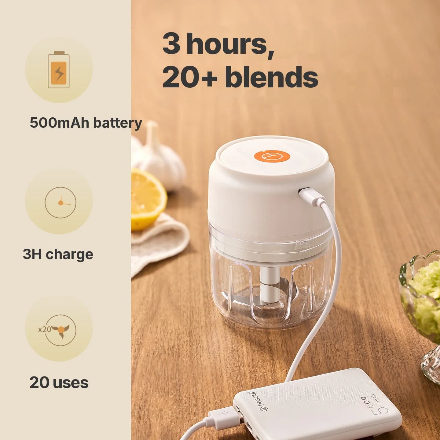 כוס קוצץ שום חשמלית אלחוטית 250mL 5V 30W פלסטיק