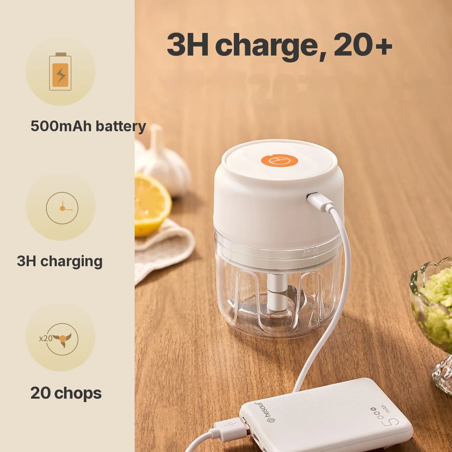 כוס קוצץ שום חשמלי אלחוטי 250mL 5V 30W פלסטיק